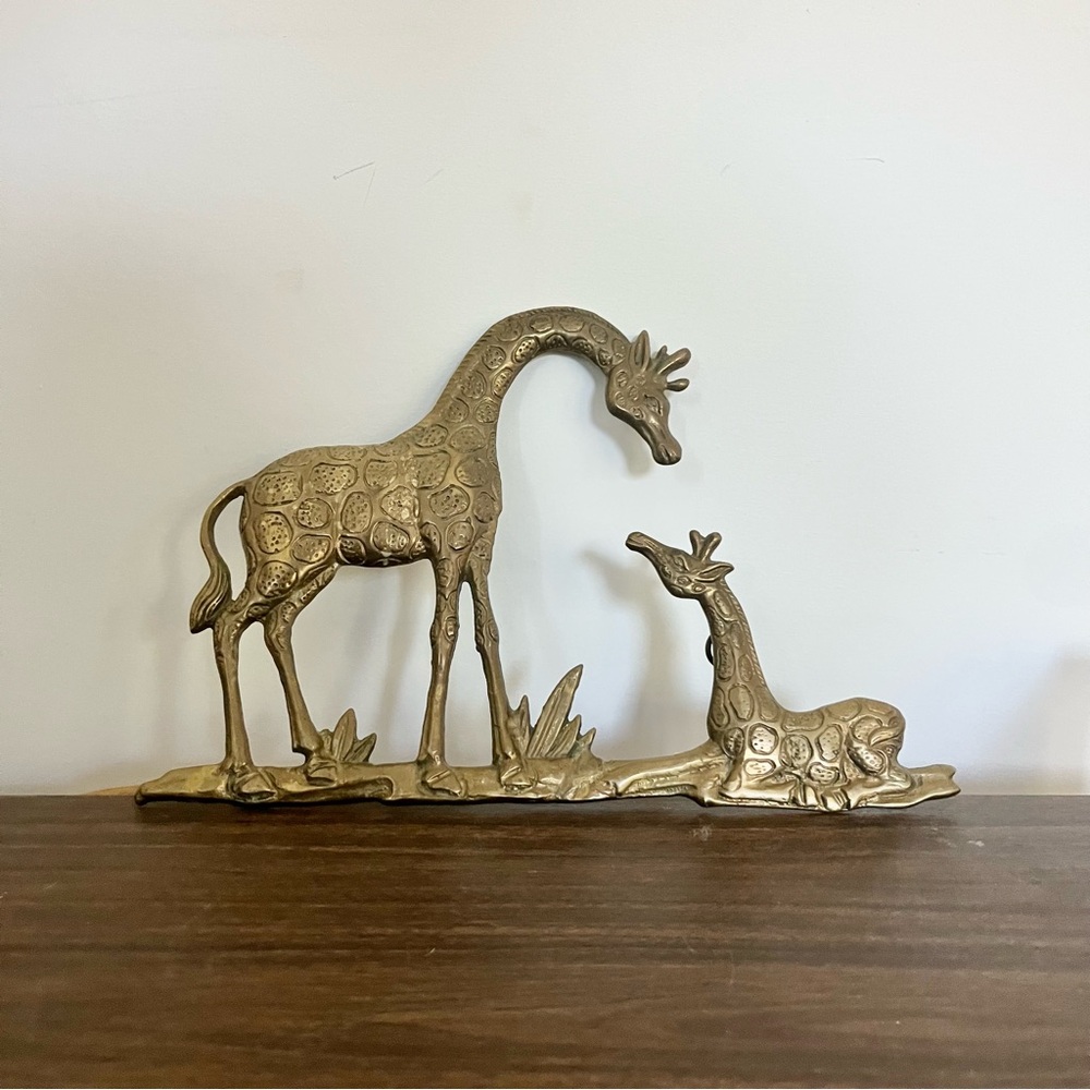 Vintage MCM Brass Wall Hanging of 2 Giraffes Mom or Dad and Son